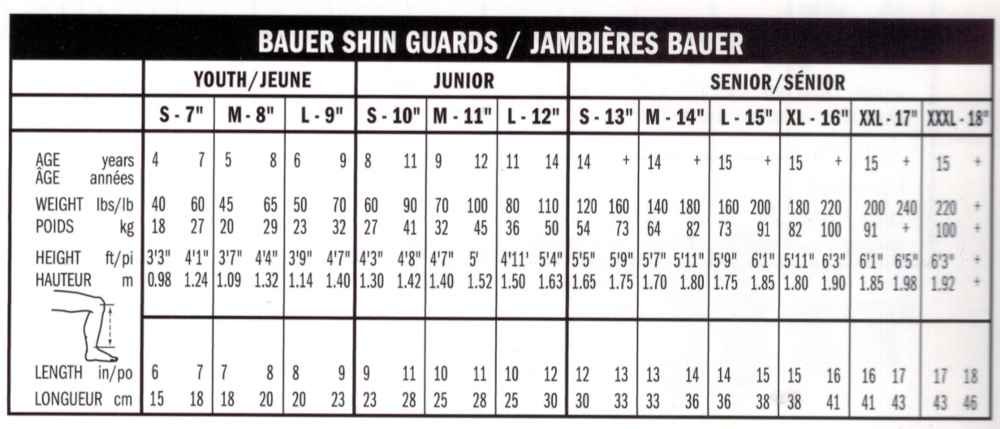 Ice Hockey Shin Guards Size Chart